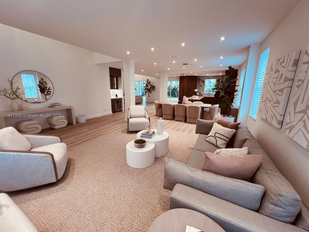 Dining room, Interior, Kitchen, Living room, Recessed Lighting, Wood Texture Flooring