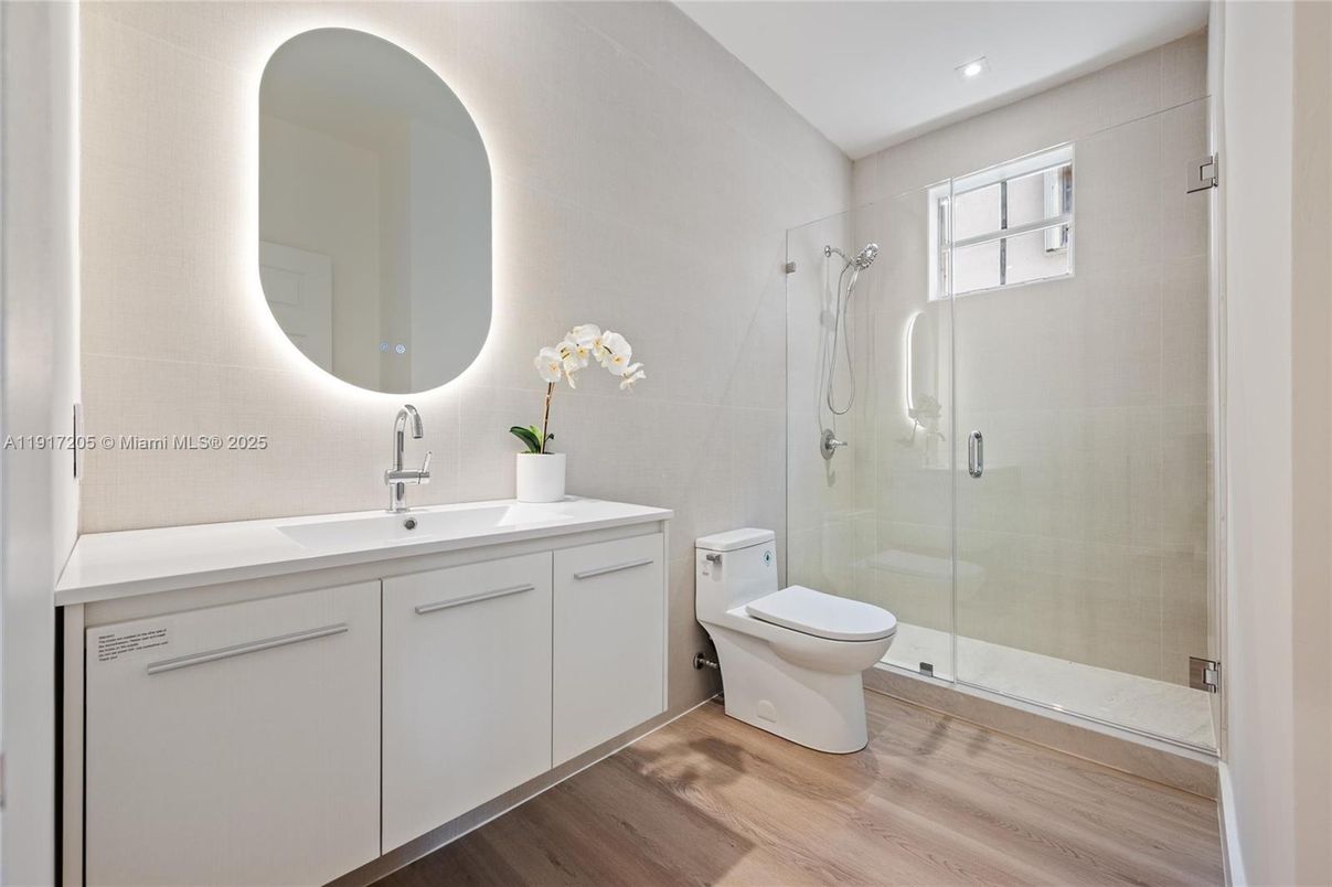 Bathroom, Glass Shower, Interior, Recessed Lighting, Wood Texture Flooring