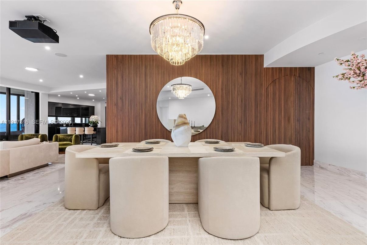 Chandelier, Dining room, Interior, Living room, Marble, Recessed Lighting