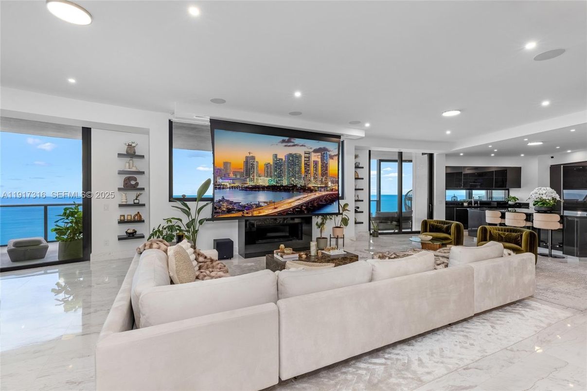 Dining room, Fireplace, Interior, Living room, Marble, Recessed Lighting, Water