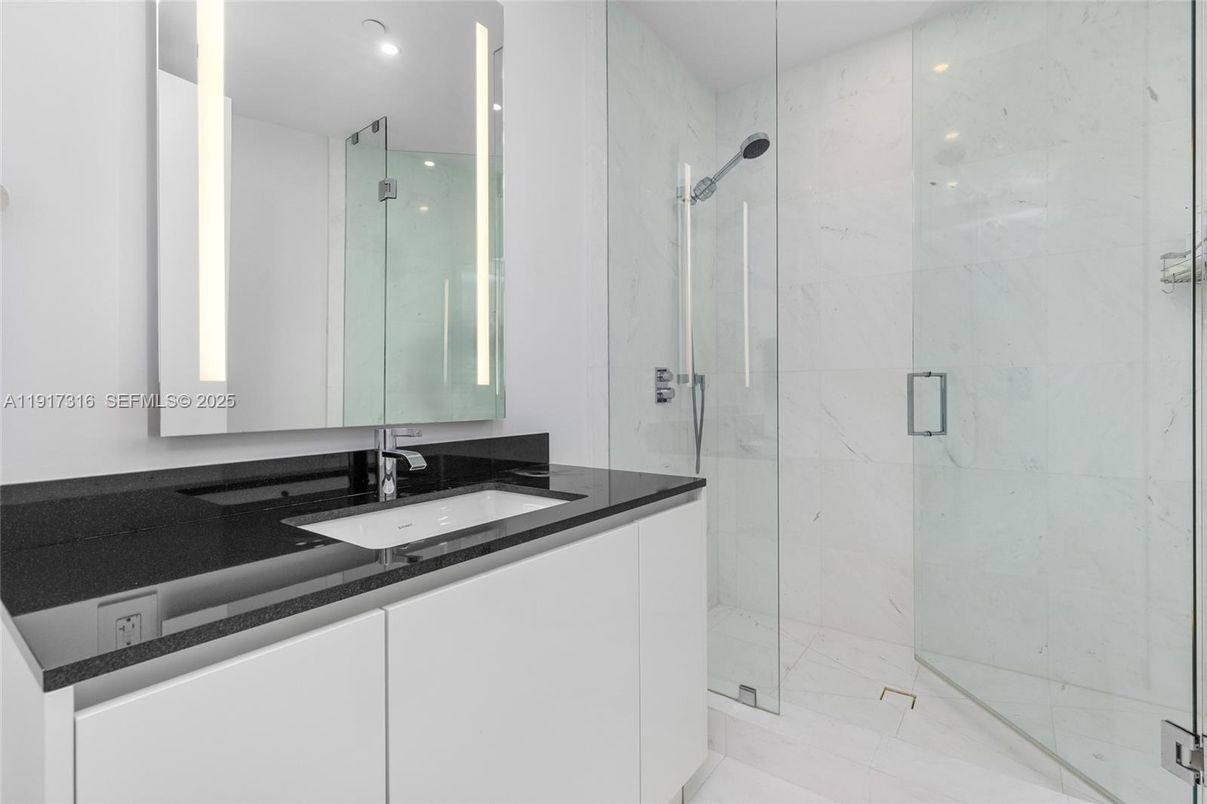 Bathroom, Glass Shower, Interior, Marble Walls, Recessed Lighting