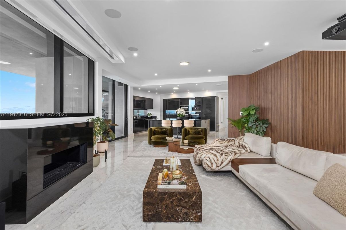 Fireplace, Interior, Living room, Marble, Recessed Lighting