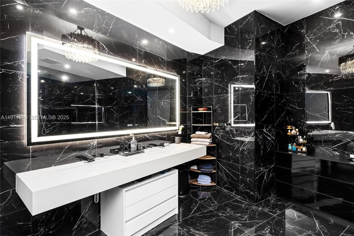 Bathroom, Dual Sink Vanities, Interior, Marble, Marble Walls, Recessed Lighting