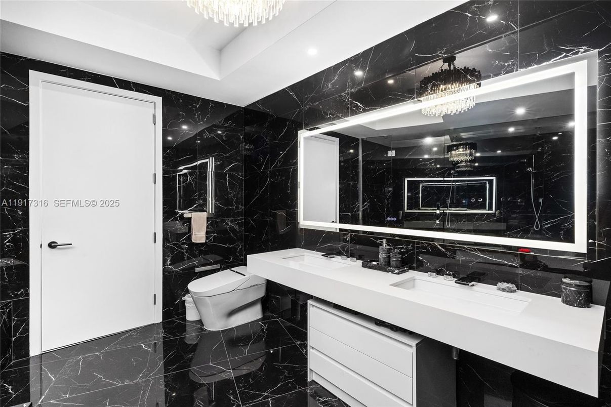 Bathroom, Dual Sink Vanities, Interior, Marble, Marble Walls, Recessed Lighting