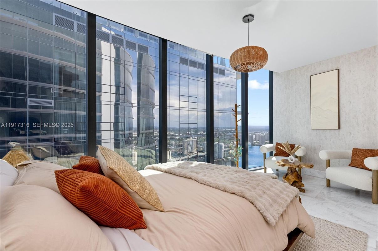 Bedroom, Interior, Marble, Pendant Lights, Water