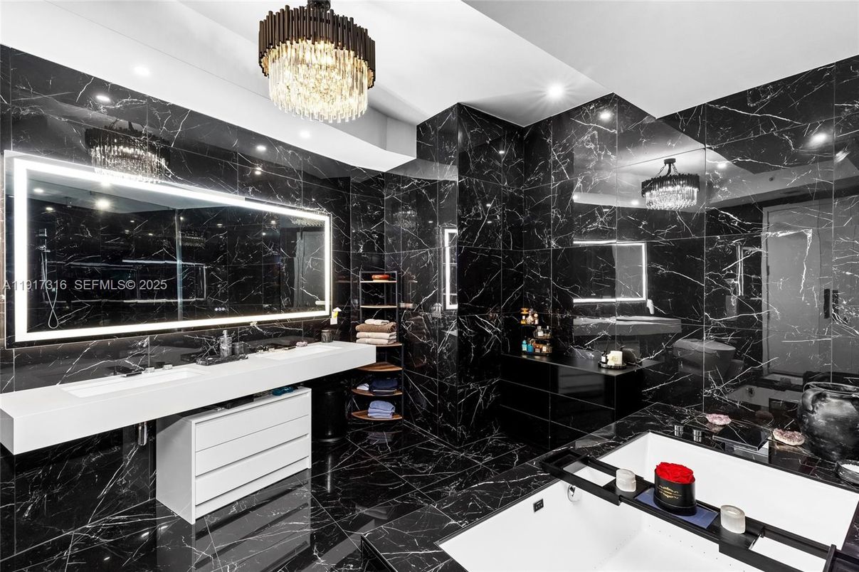 Bathroom, Chandelier, Dual Sink Vanities, Interior, Marble, Marble Walls, Recessed Lighting