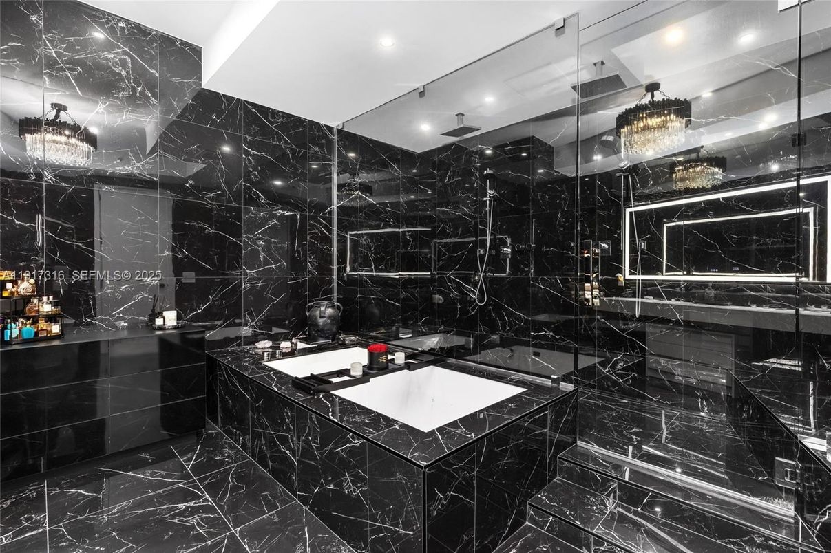 Bathroom, Glass Shower, Interior, Marble, Marble Walls, Recessed Lighting