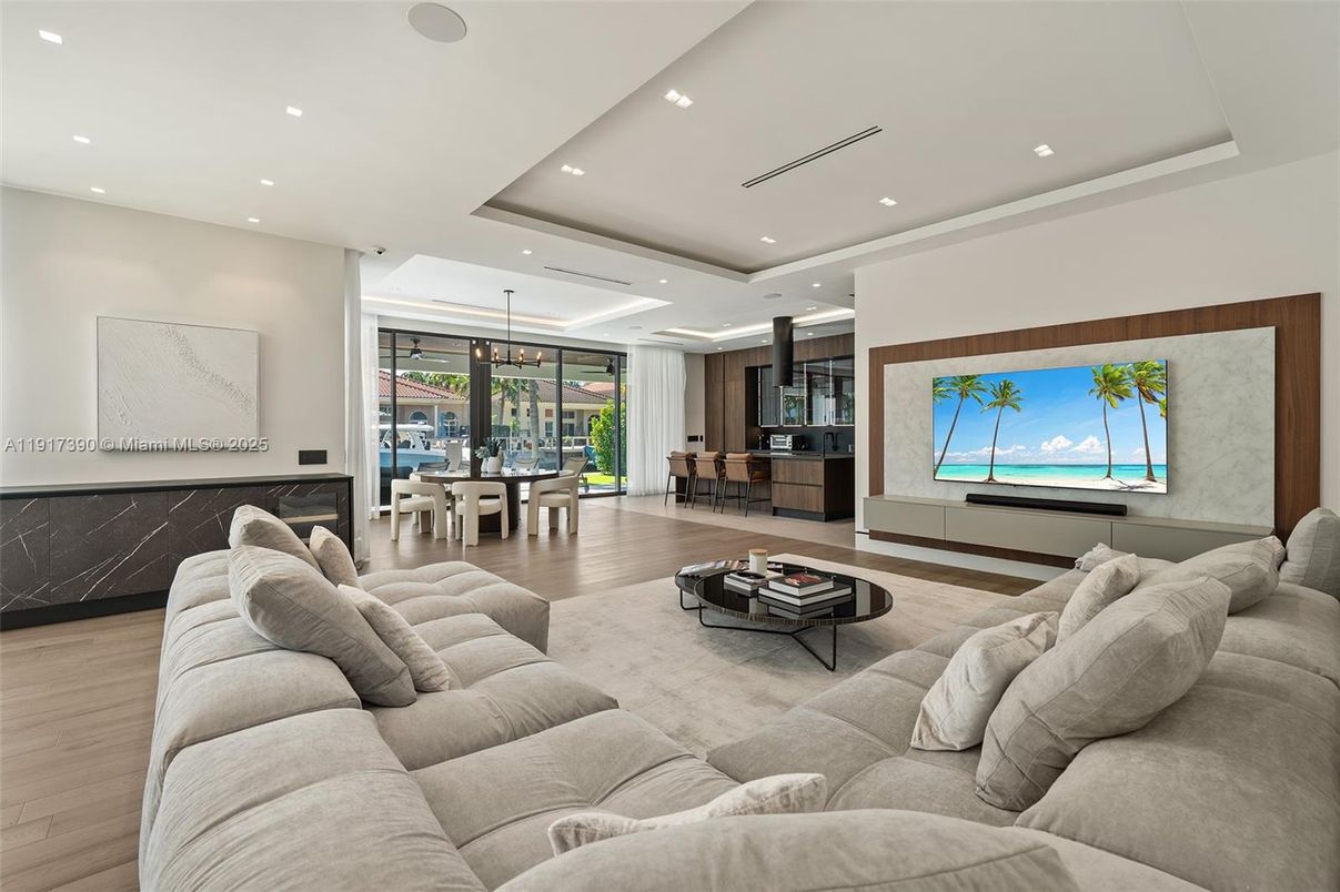 Dining room, Interior, Living room, Marble Walls, Pendant Lights, Recessed Lighting, Wood Texture Flooring