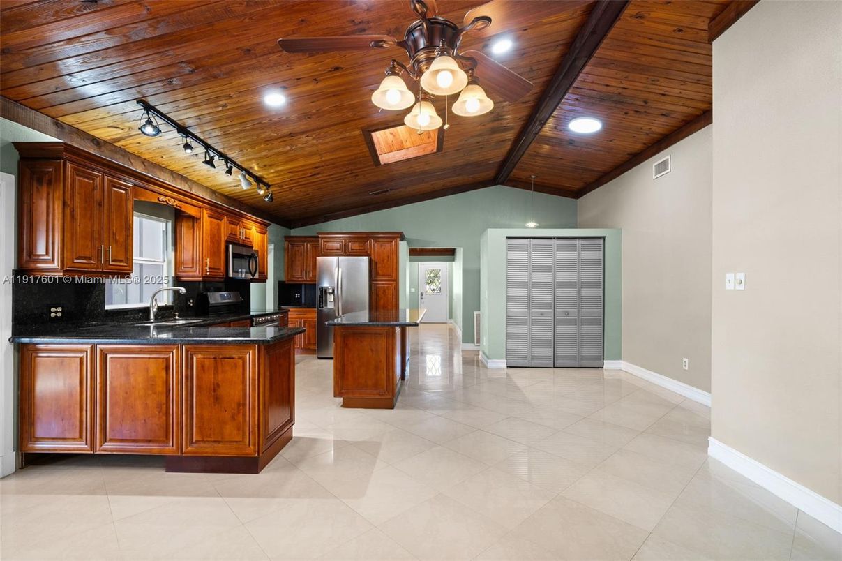 Interior, Kitchen, Recessed Lighting, Stainless Steel Appliances, Wooden Ceilings