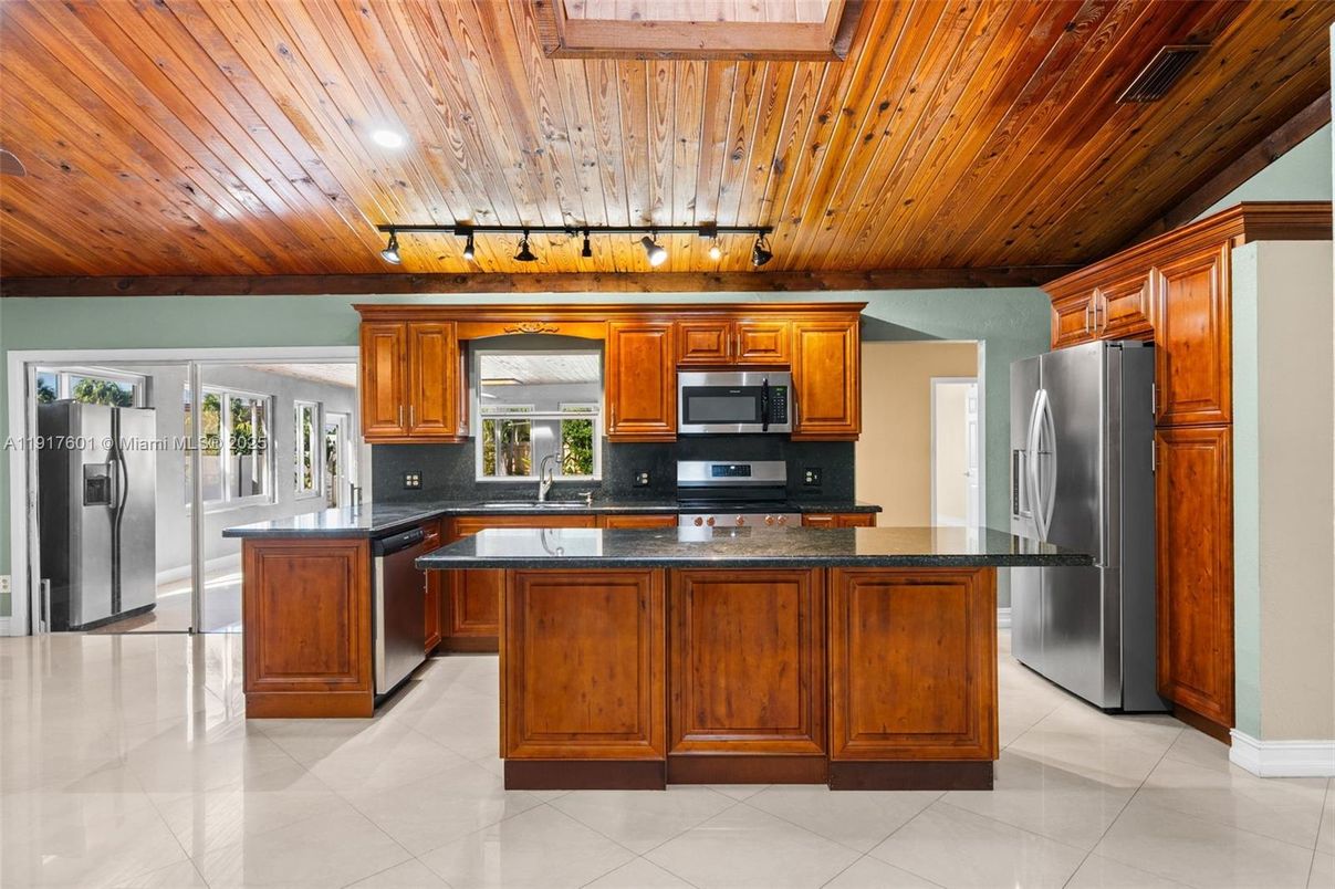 Interior, Kitchen, Recessed Lighting, Stainless Steel Appliances, Wooden Ceilings