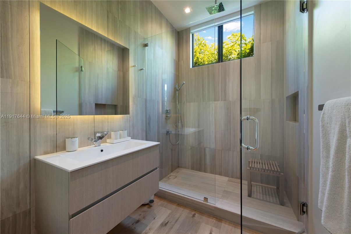 Bathroom, Glass Shower, Interior, Recessed Lighting, Wood Texture Flooring