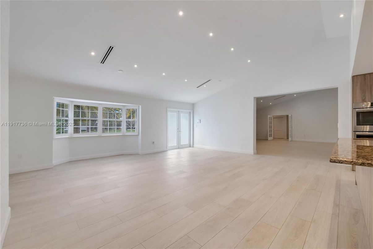 Empty room, Interior, Kitchen, Recessed Lighting, Wood Texture Flooring