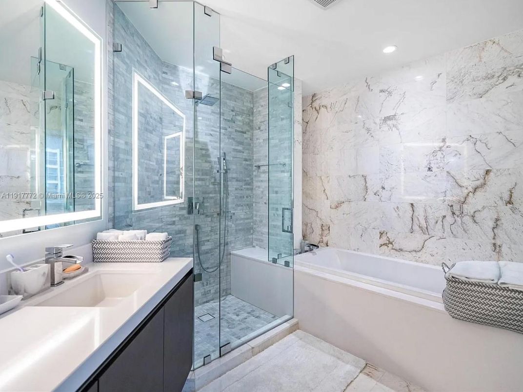 Bathroom, Glass Shower, Interior, Marble Walls, Recessed Lighting