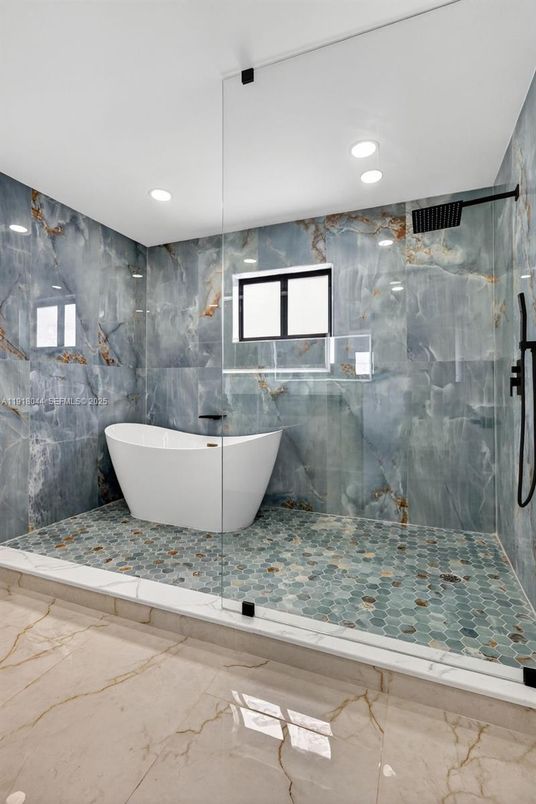 Bathroom, Free Standing Baths, Glass Shower, Interior, Marble Walls, Recessed Lighting