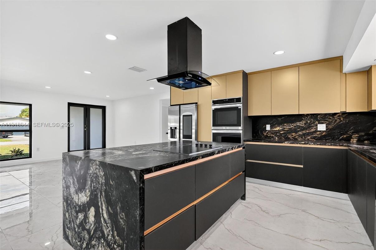 Interior, Kitchen, Marble, Recessed Lighting, Stainless Steel Appliances
