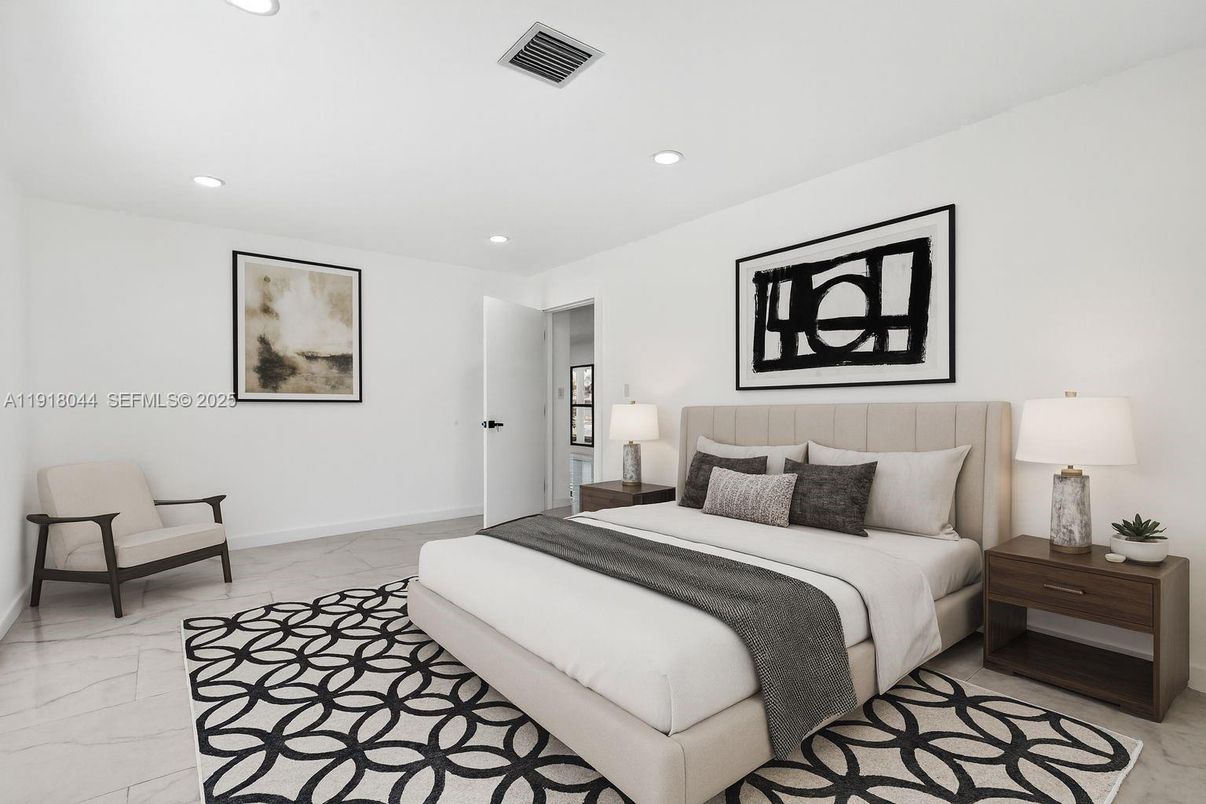 Bedroom, Interior, Marble, Recessed Lighting