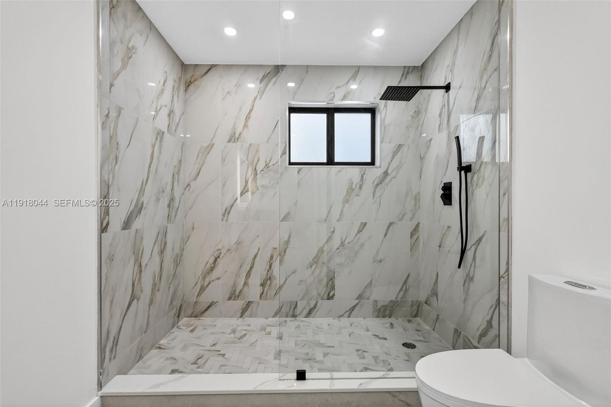 Bathroom, Glass Shower, Interior, Marble Walls, Recessed Lighting