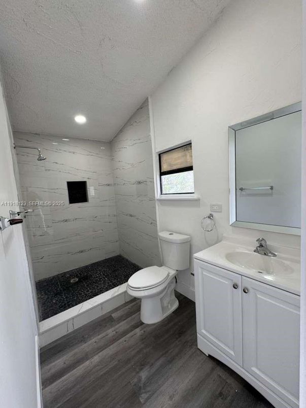 Bathroom, Interior, Marble Walls, Recessed Lighting, Wood Texture Flooring