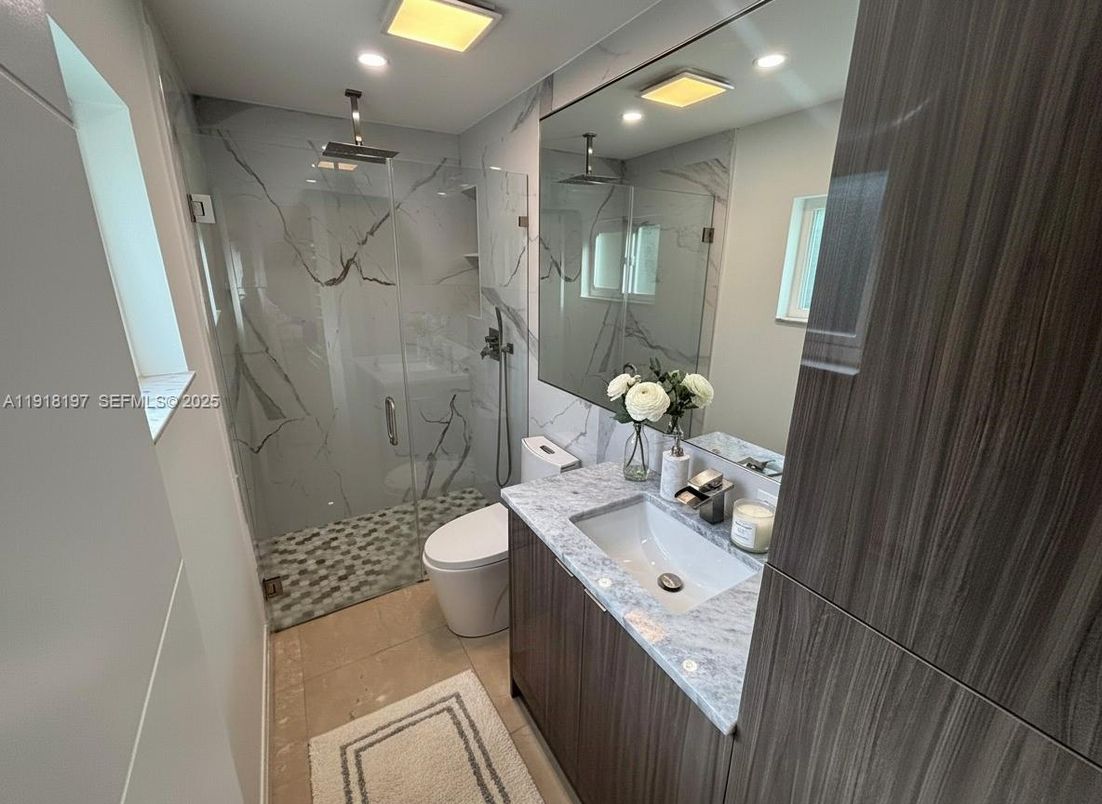 Bathroom, Glass Shower, Interior, Marble Walls, Recessed Lighting