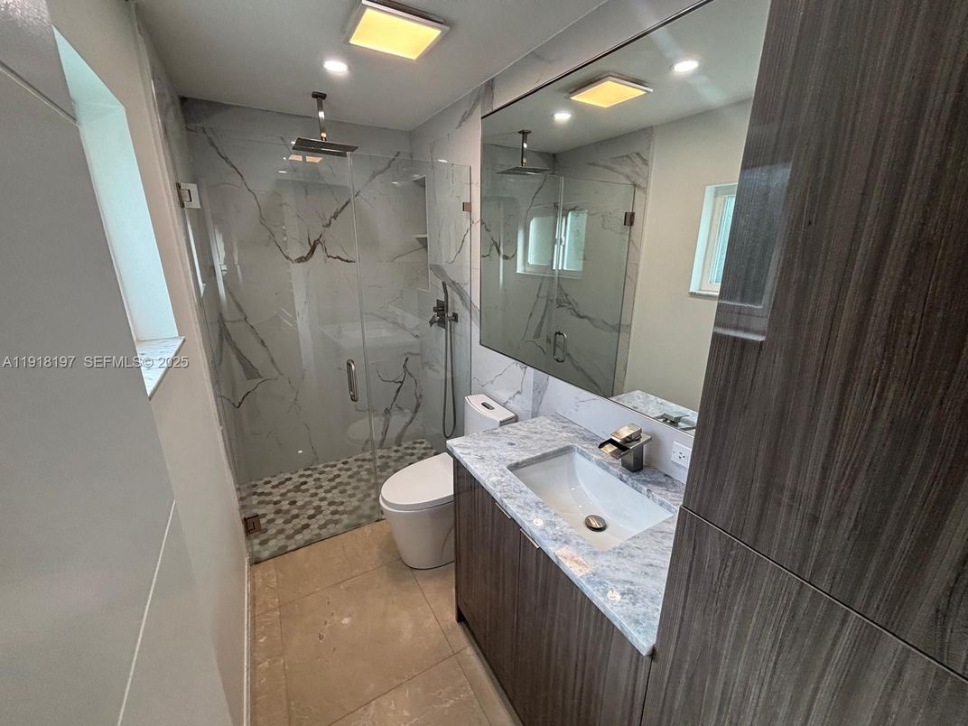 Bathroom, Glass Shower, Interior, Marble Walls, Recessed Lighting