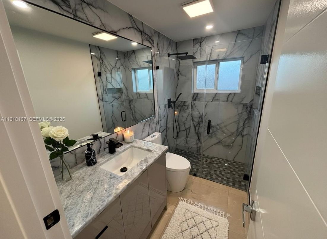 Bathroom, Glass Shower, Interior, Marble Walls, Recessed Lighting