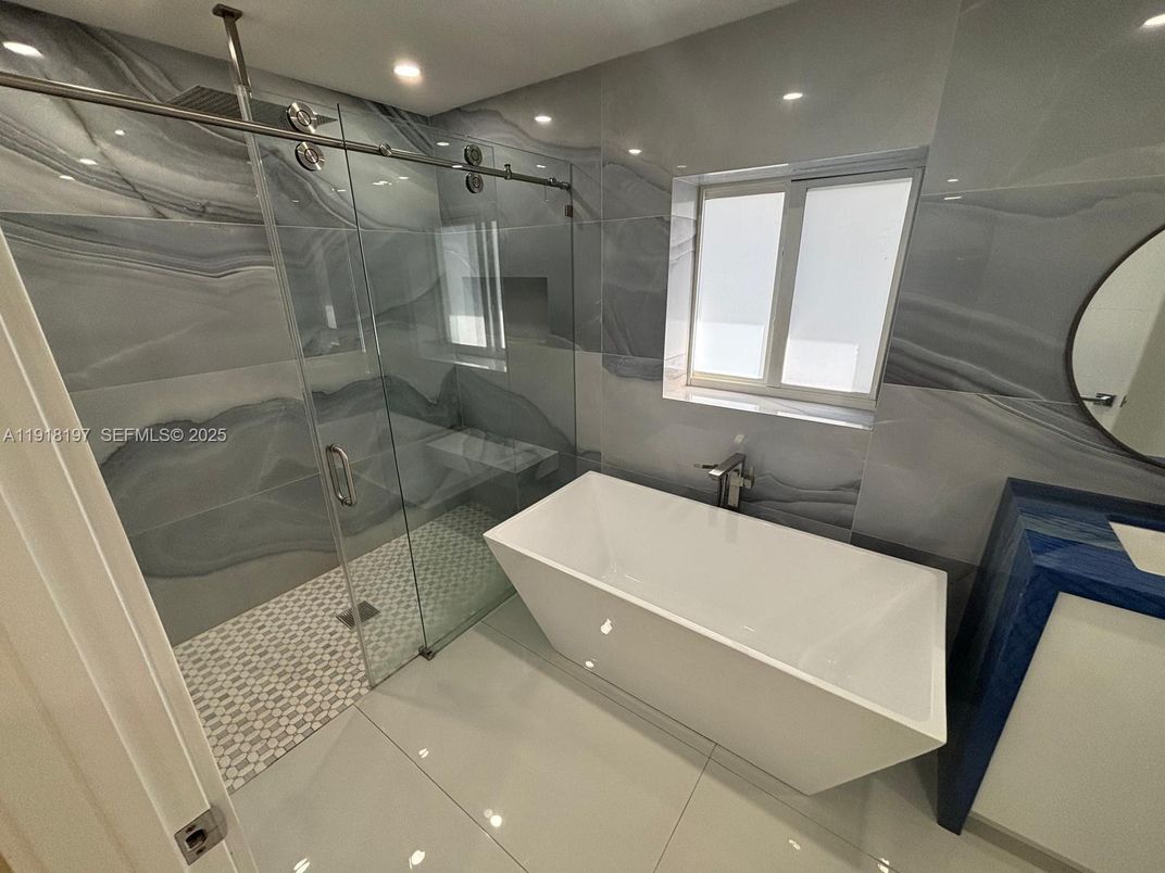 Bathroom, Free Standing Baths, Glass Shower, Interior, Recessed Lighting