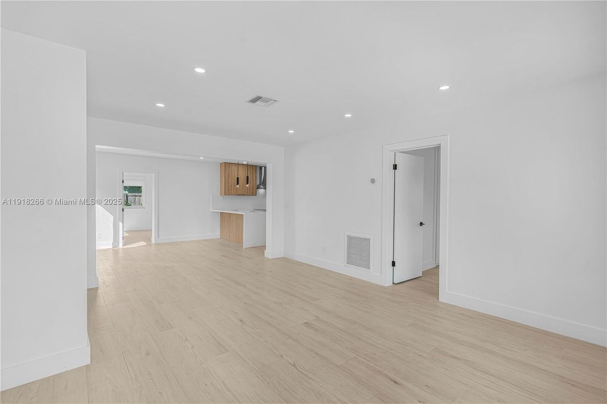 Empty room, Interior, Kitchen, Recessed Lighting, Wood Texture Flooring