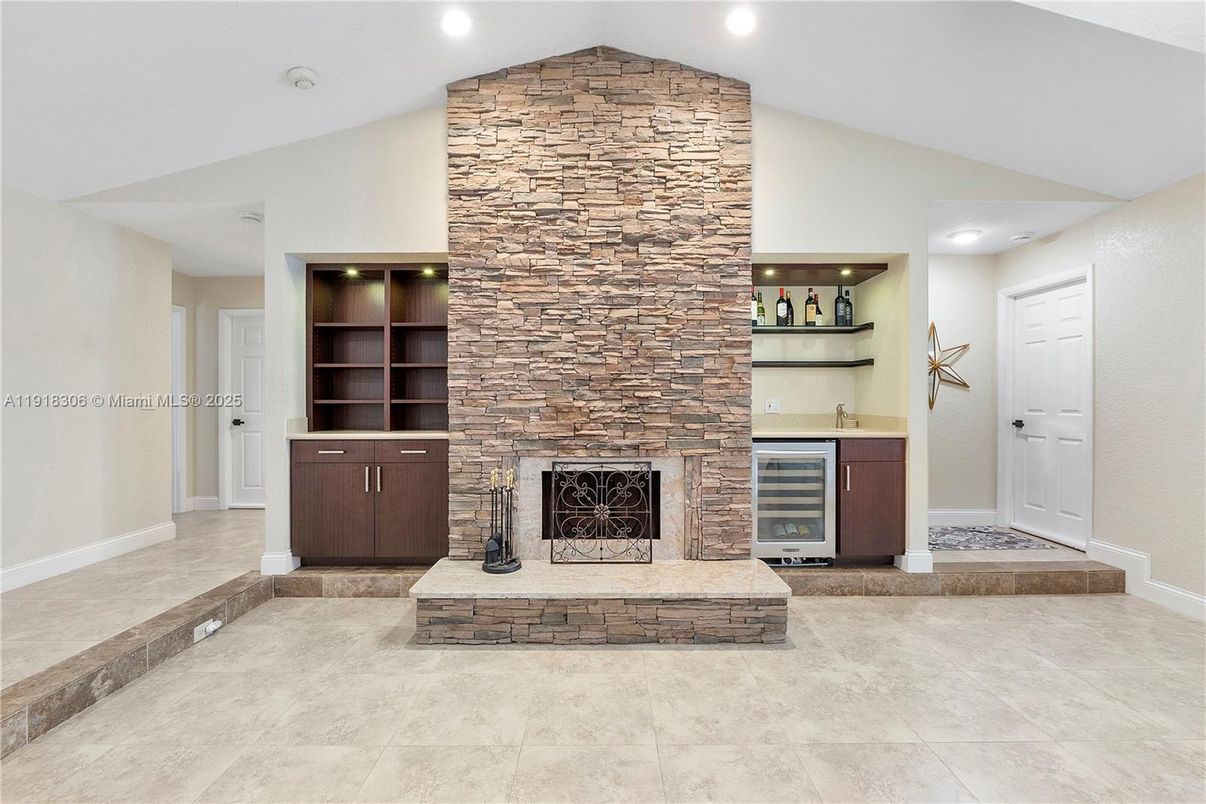 Fireplace, Interior, Recessed Lighting, Stone Walls