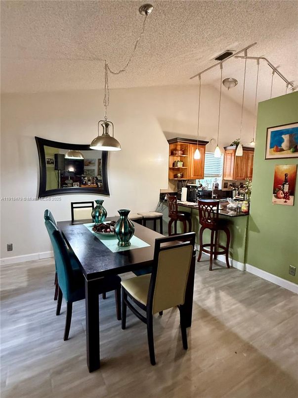 Dining room, Interior, Kitchen, Pendant Lights, Wood Texture Flooring