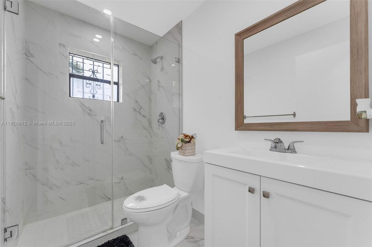 Bathroom, Glass Shower, Interior, Marble, Marble Walls, Recessed Lighting