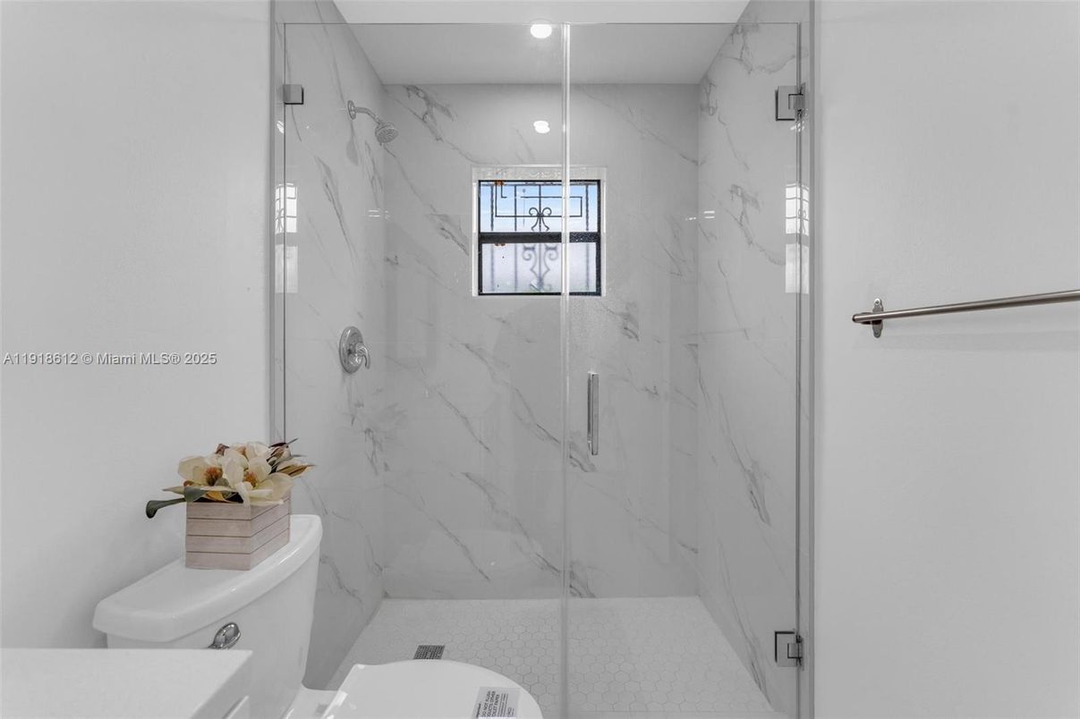 Bathroom, Glass Shower, Interior, Marble Walls, Recessed Lighting