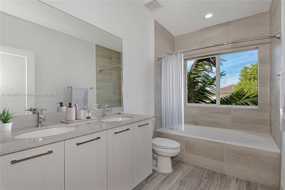 Bathroom, Dual Sink Vanities, Interior, Recessed Lighting, Wood Texture Flooring