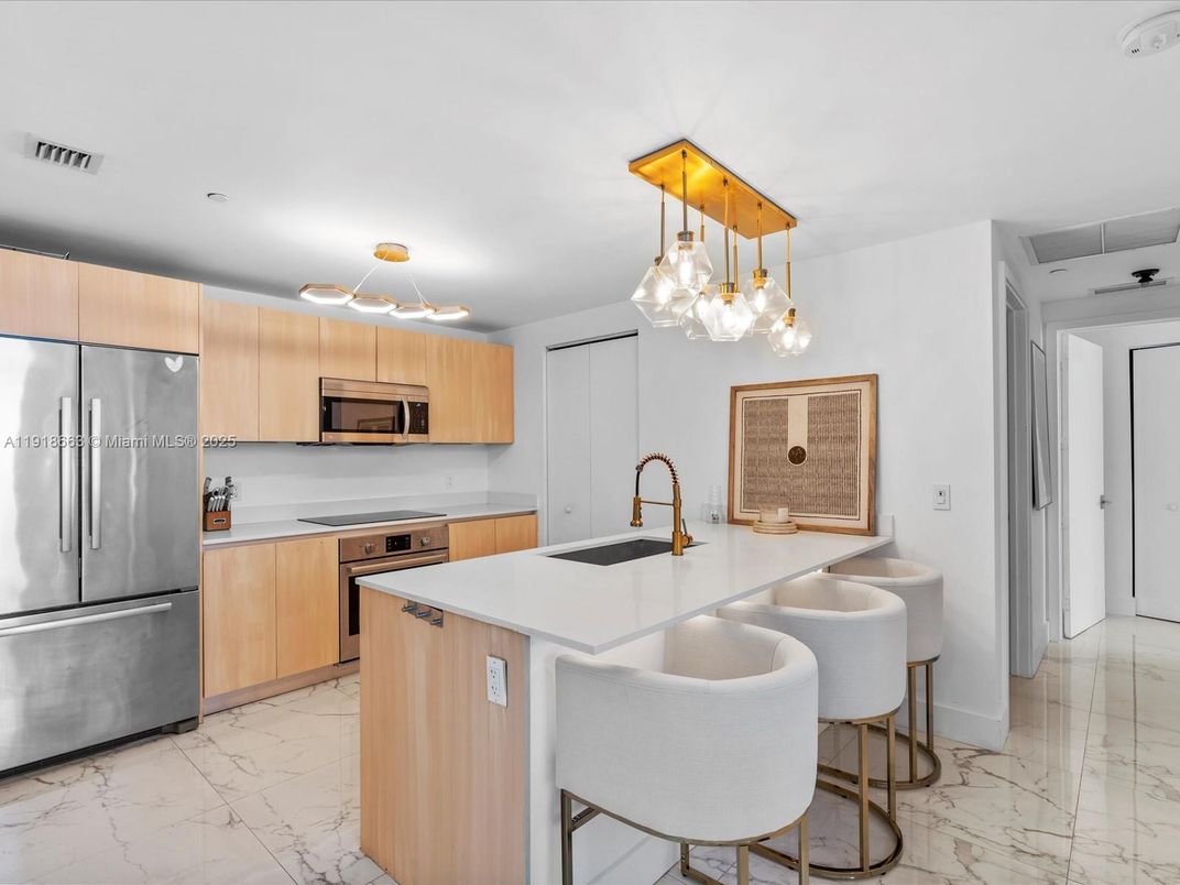 Interior, Kitchen, Marble, Pendant Lights, Recessed Lighting, Stainless Steel Appliances