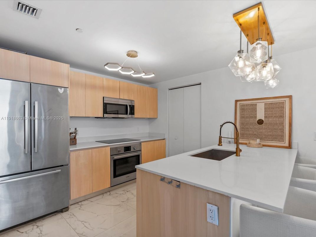 Interior, Kitchen, Marble, Pendant Lights, Stainless Steel Appliances