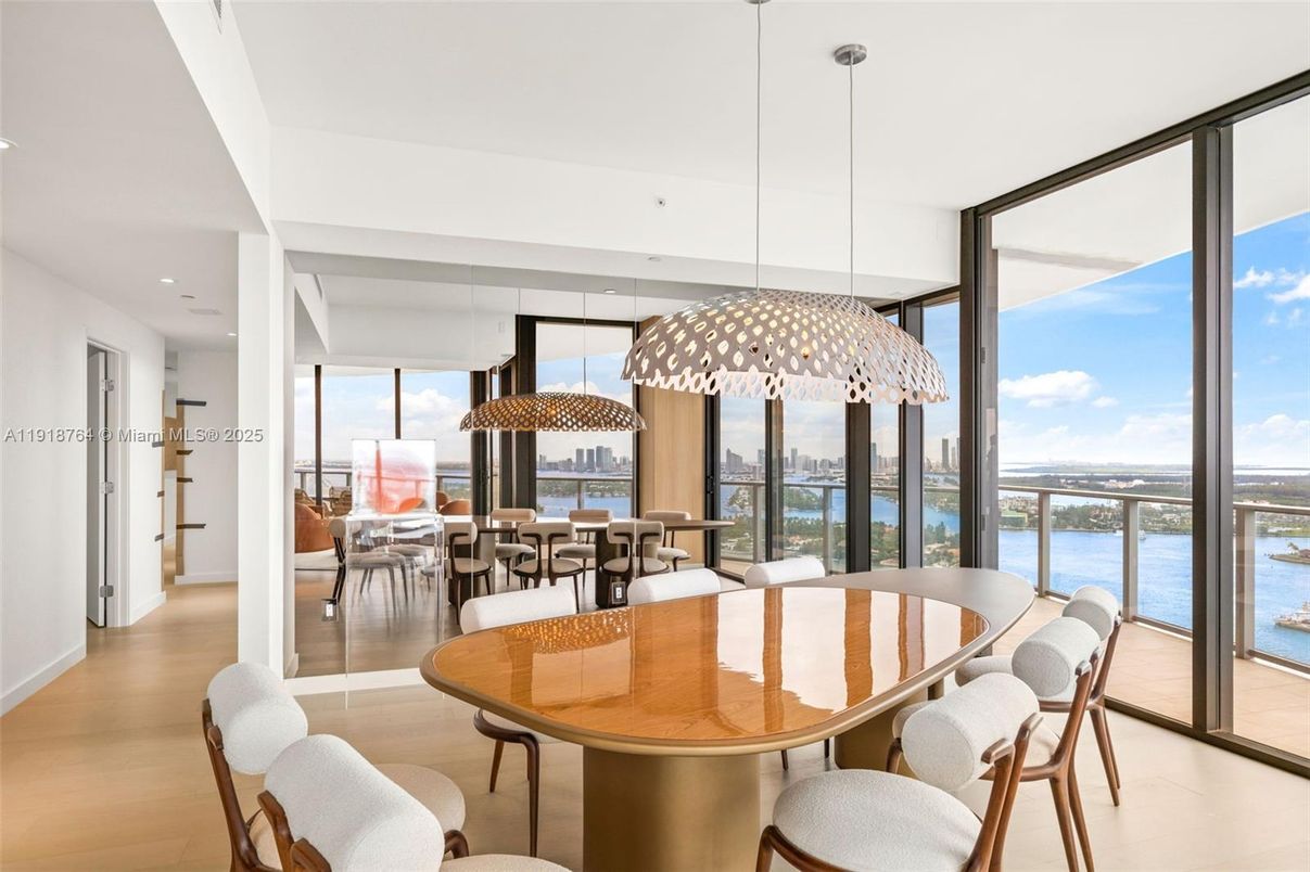 Dining room, Interior, Pendant Lights, Recessed Lighting, Water, Wood Texture Flooring
