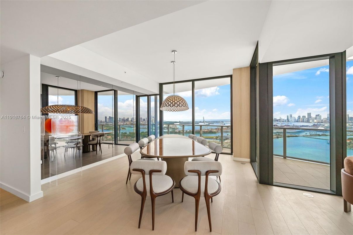 Dining room, Interior, Pendant Lights, Water, Wood Texture Flooring