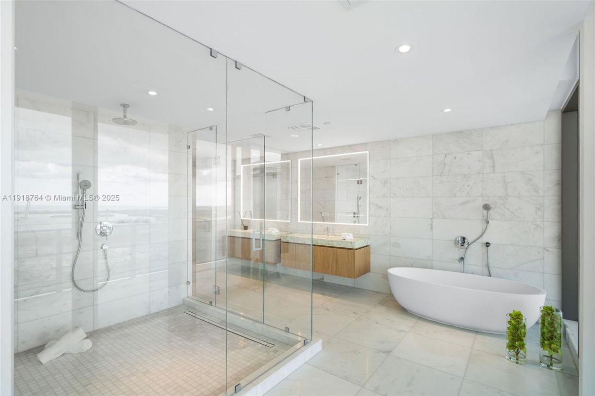 Bathroom, Free Standing Baths, Glass Shower, Interior, Marble Walls, Recessed Lighting