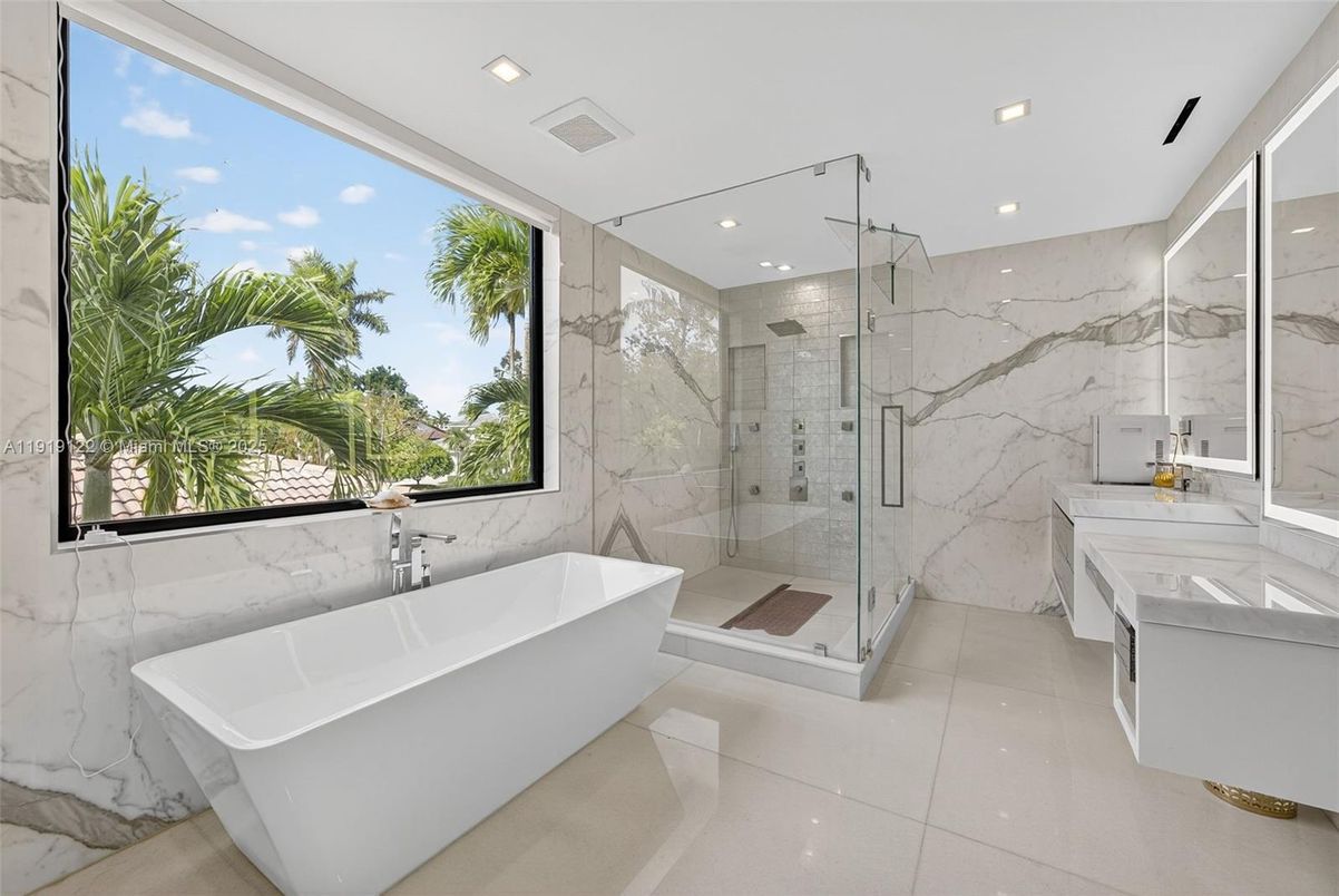 Bathroom, Free Standing Baths, Glass Shower, Interior, Marble Walls, Recessed Lighting