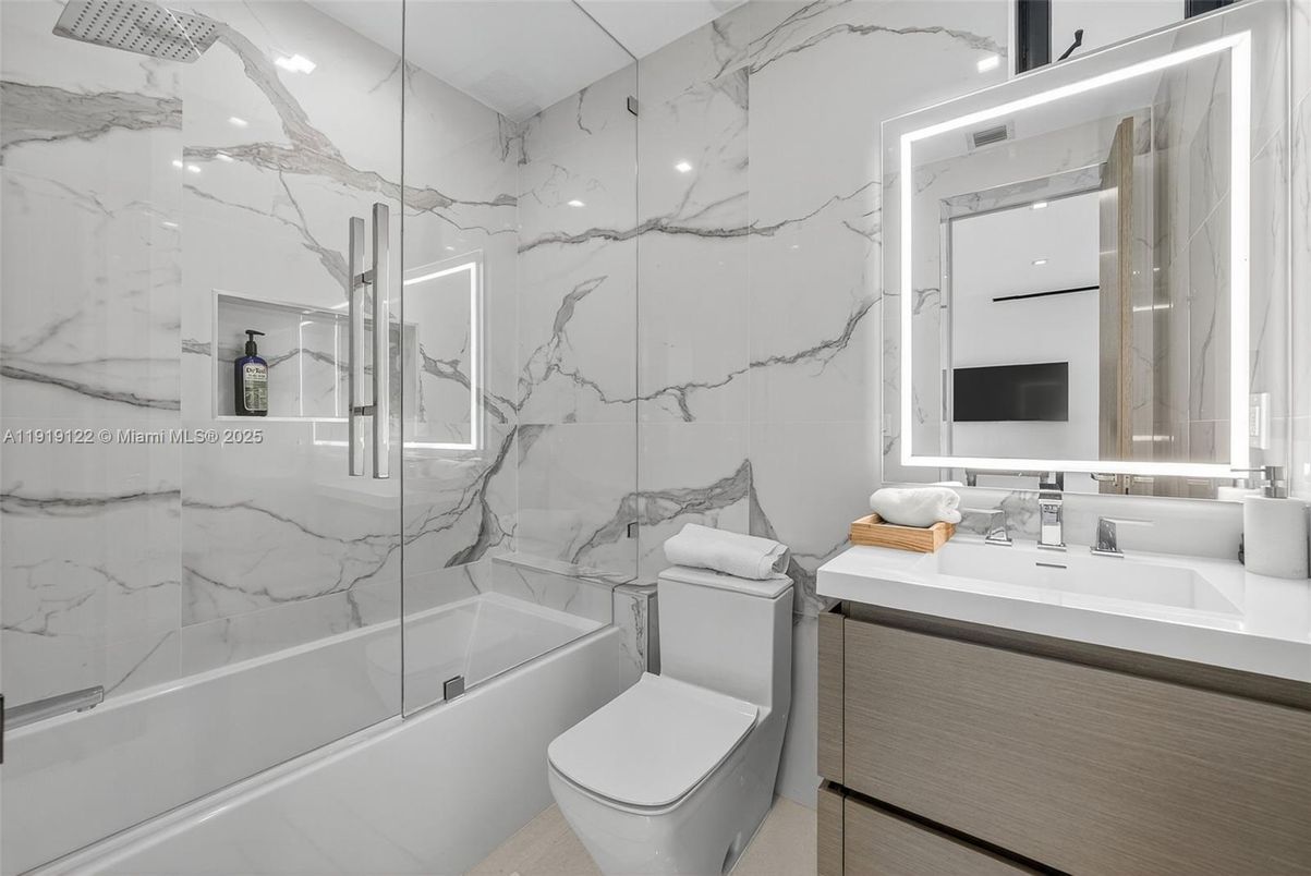 Bathroom, Glass Shower, Interior, Marble Walls, Recessed Lighting