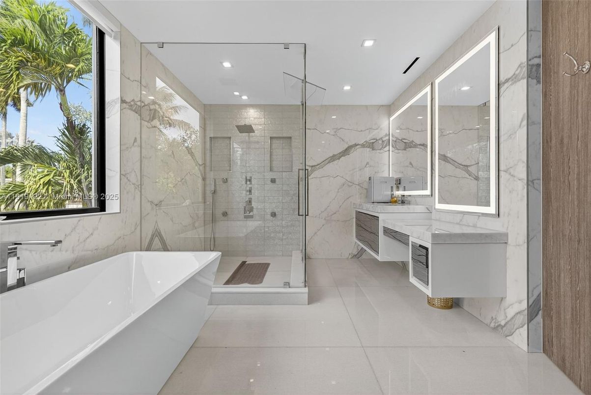 Bathroom, Free Standing Baths, Glass Shower, Interior, Marble Walls, Recessed Lighting