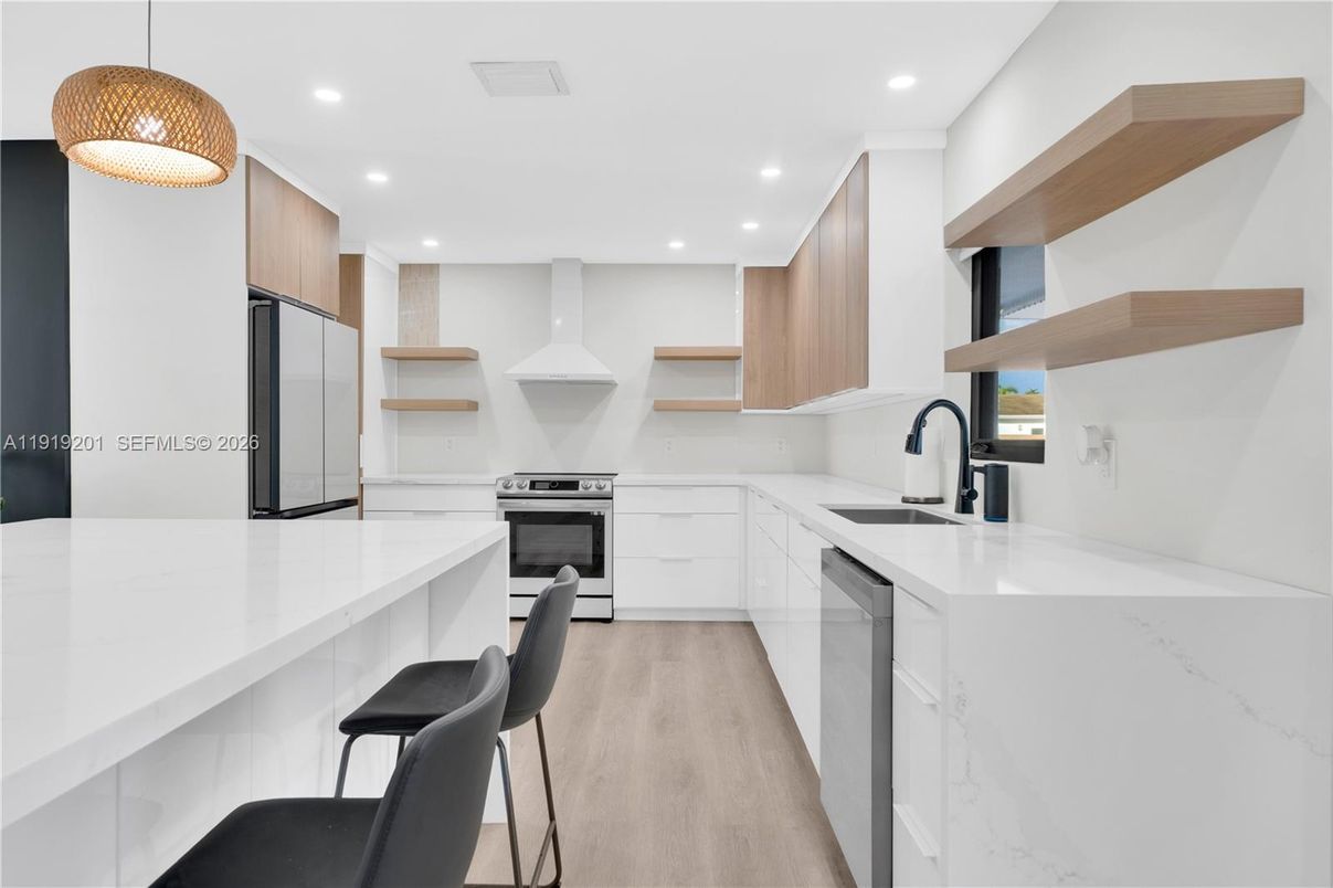 Interior, Kitchen, Pendant Lights, Recessed Lighting, Stainless Steel Appliances, Wood Texture Flooring