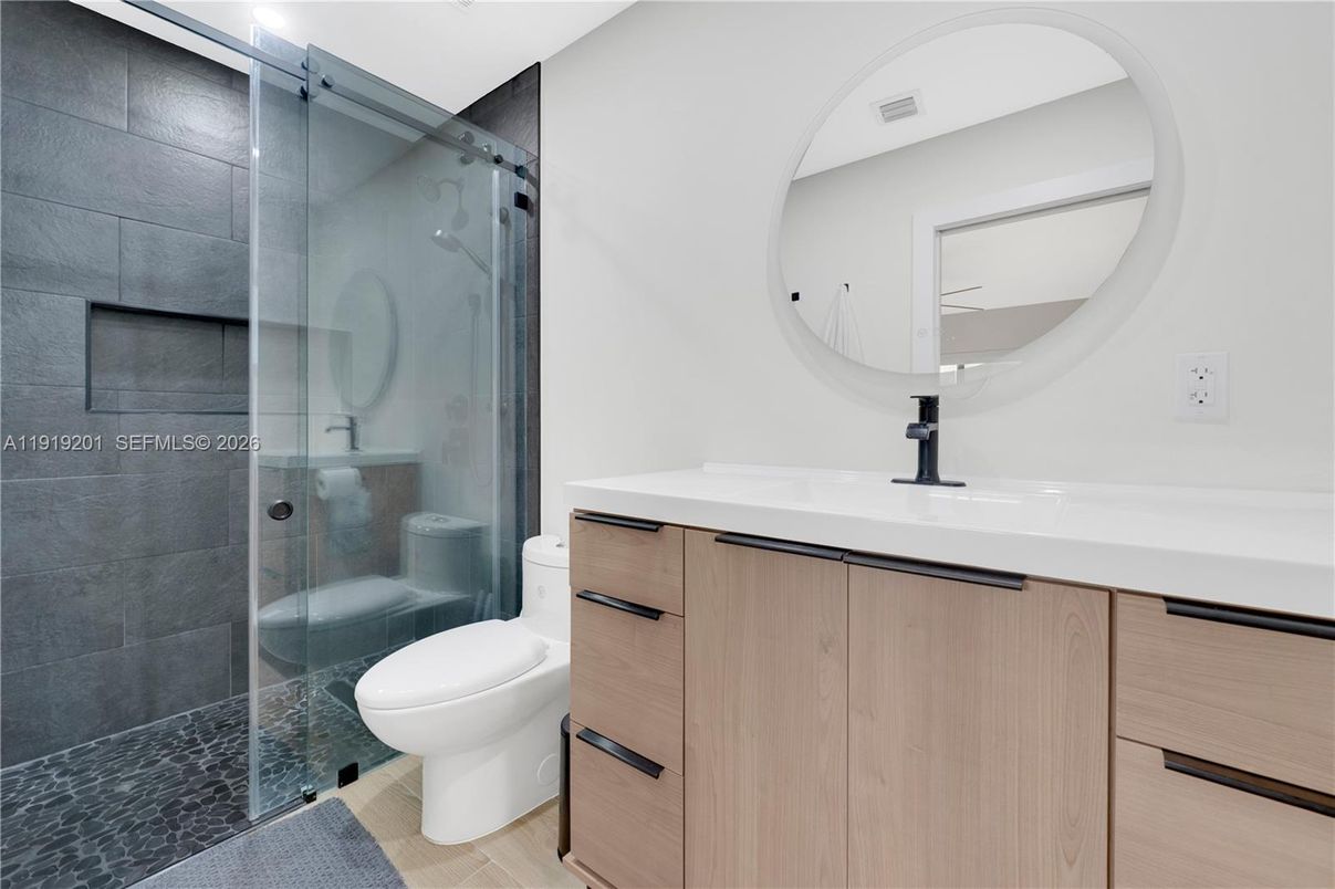 Bathroom, Glass Shower, Interior, Wood Texture Flooring