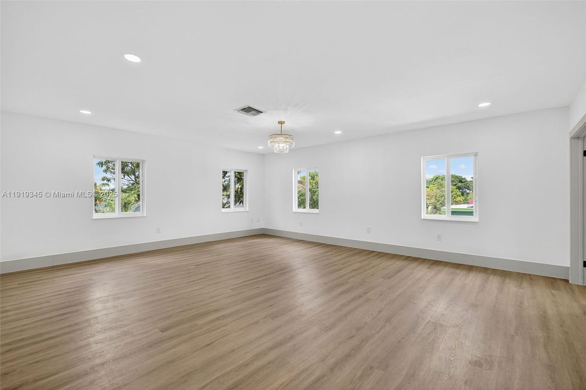 Chandelier, Empty room, Interior, Recessed Lighting, Wood Texture Flooring