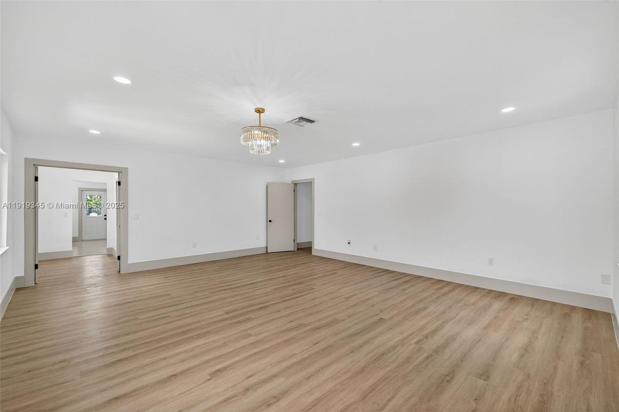 Chandelier, Empty room, Interior, Recessed Lighting, Wood Texture Flooring