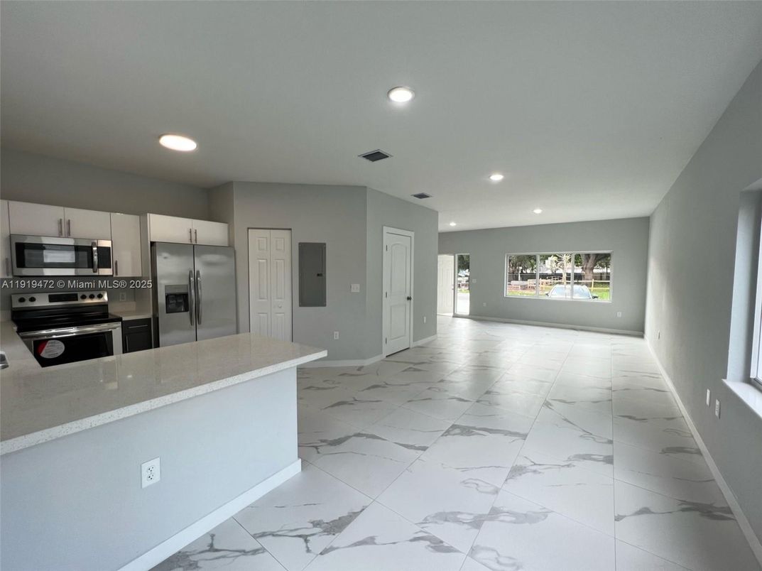 Interior, Kitchen, Marble, Recessed Lighting, Stainless Steel Appliances