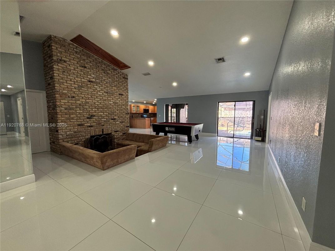 Billiard Table, Fireplace, Game Room, Interior, Recessed Lighting, Stone Walls