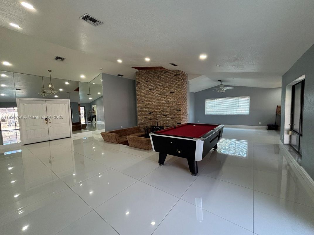Billiard Table, Game Room, Interior, Recessed Lighting, Stone Walls