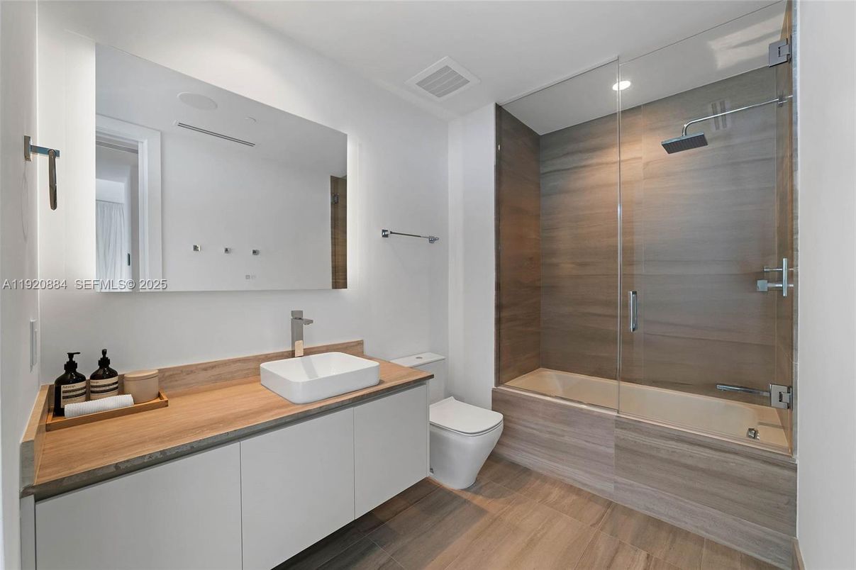 Bathroom, Glass Shower, Interior, Recessed Lighting, Wood Texture Flooring