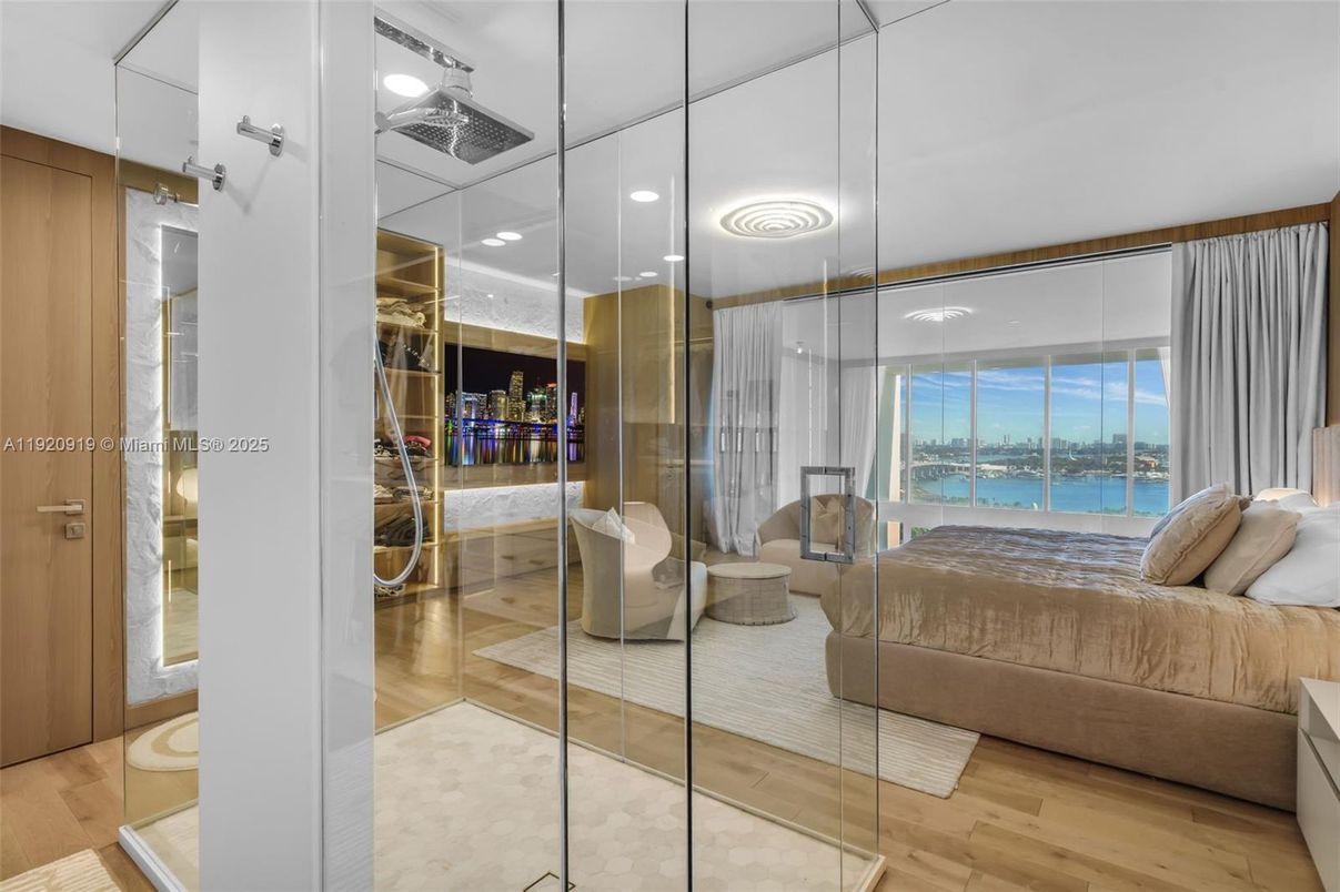 Bedroom, Interior, Recessed Lighting, Water, Wood Texture Flooring