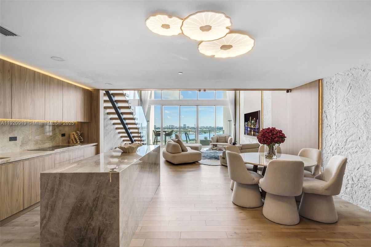 Dining room, Interior, Living room, Recessed Lighting, Water, Wood Texture Flooring